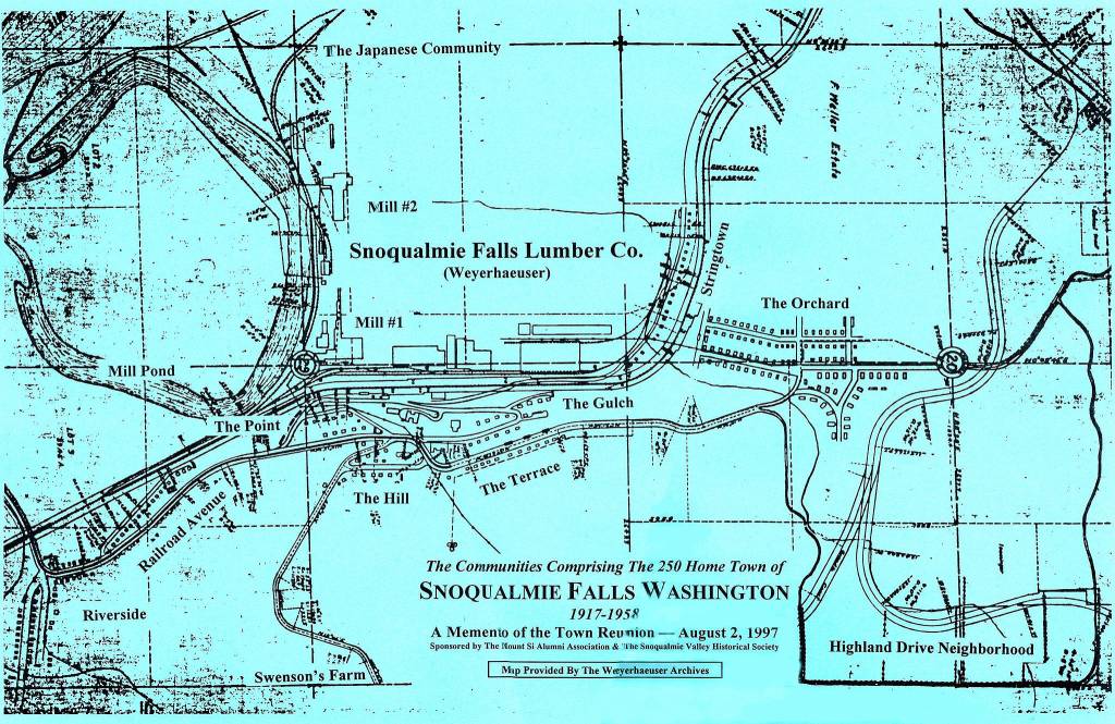 A historic map depicts the former town of Snoqualmie Falls, which grew up around the Snoqualmie Falls Lumber Company, 100 years ago. (Image courtesy of Dave Battey)