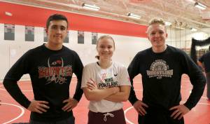 Evan Pappas/Staff Photos                                Mount Si High School wrestling team captains, are, from left, seniors Connor Holt, Kinsey Steskal, and Duncan Harrison.