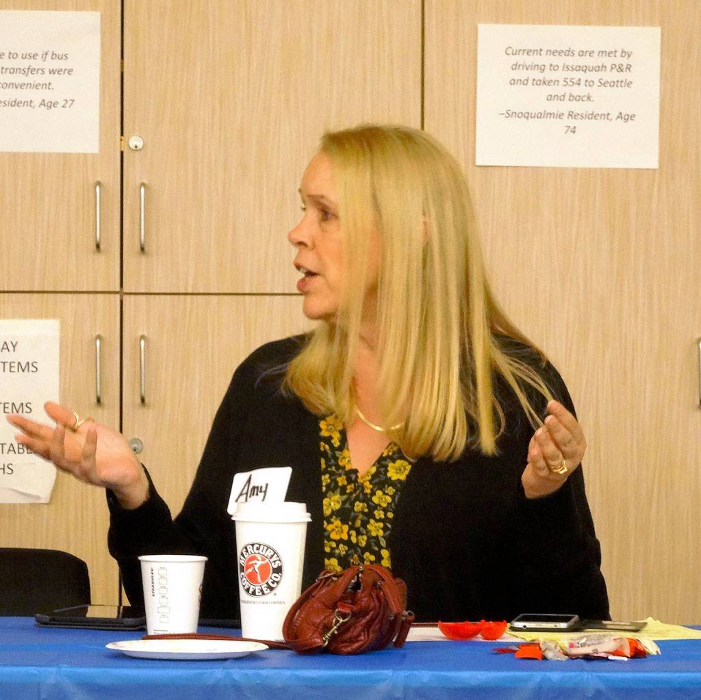 Courtesy Photo                                Amy Biggs, director of Snoqualmie Valley Transportation, talks about the state of transportation at the coalitions first meeting.