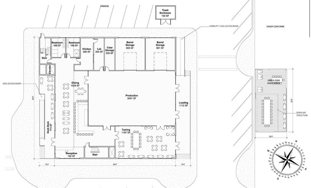 A plan of the first floor of the proposed building from the presentation to city council on Oct. 23. The deck on the right overlooks Sandy Cove Park. (Courtesy Photo)