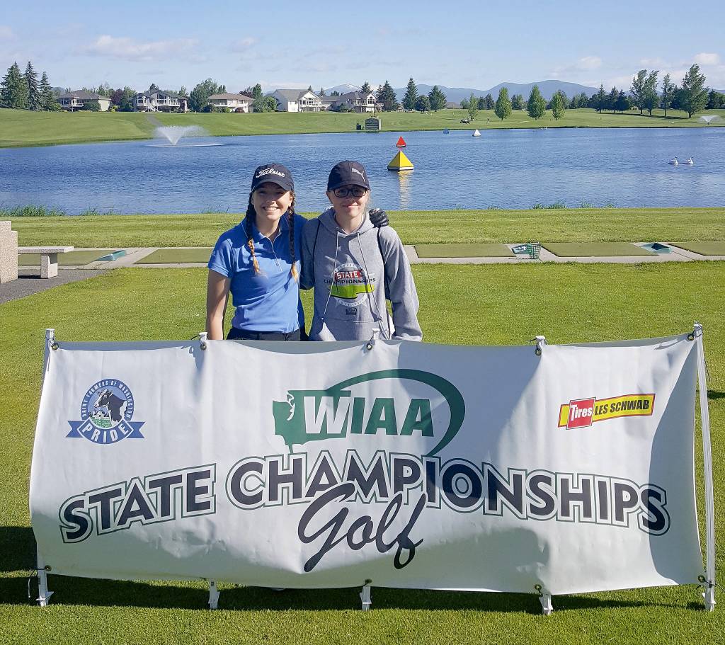Kat Hodgson, left, and Tori Berger represented Mount Si High School at the state golf tournament May 22 to 24 at MeadowWood Golf Course in Liberty Lake. (Courtesy Photo)
