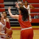 Jenae Usselman charges for the basket in a Dec. 20 game against Juanita. (Photo courtesy of Charles Samuelson)