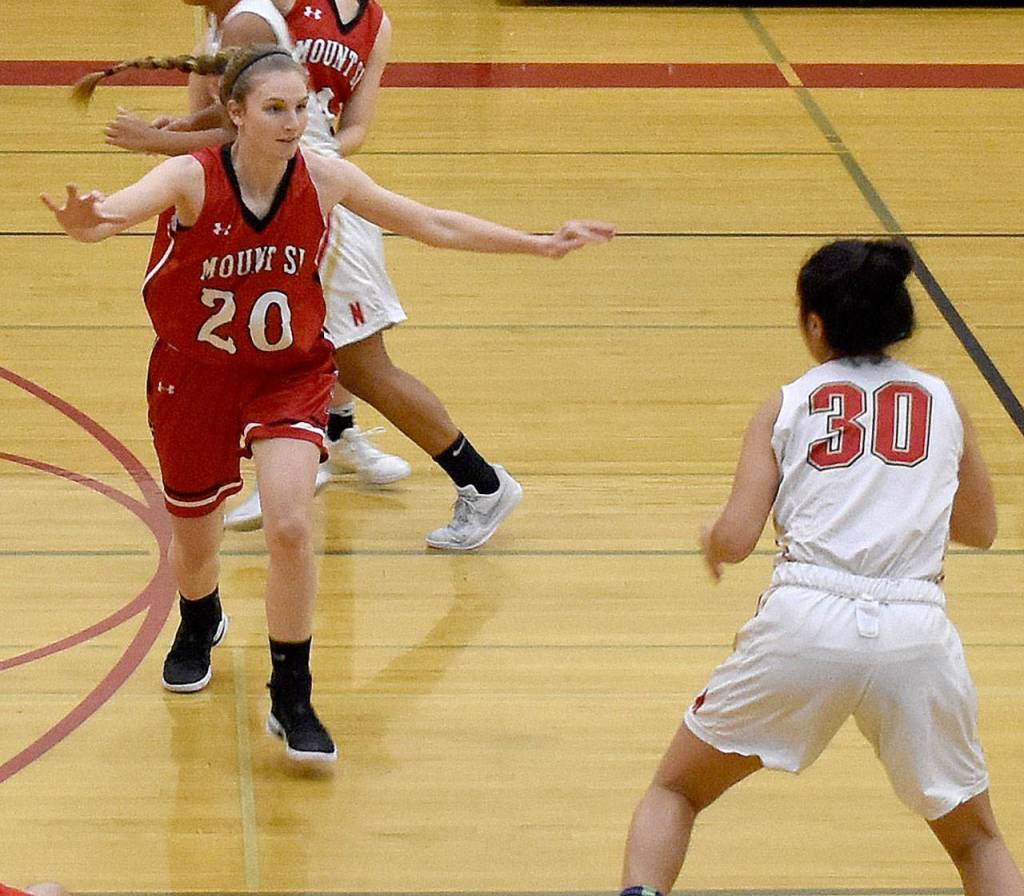 Lauren Wilbourne cuts off the angle, and Newports passing options in the Jan. 10 game. (Photo courtesy of Charles Samuelson)