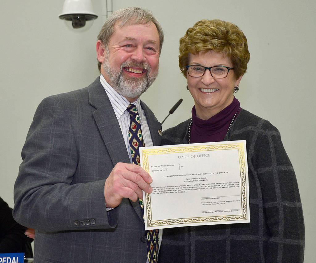 North Bend City Councilwoman Jeanne Pettersen poses with Mayor Ken Hearing after swearing her oath of office for another term. (Courtesy Photo)