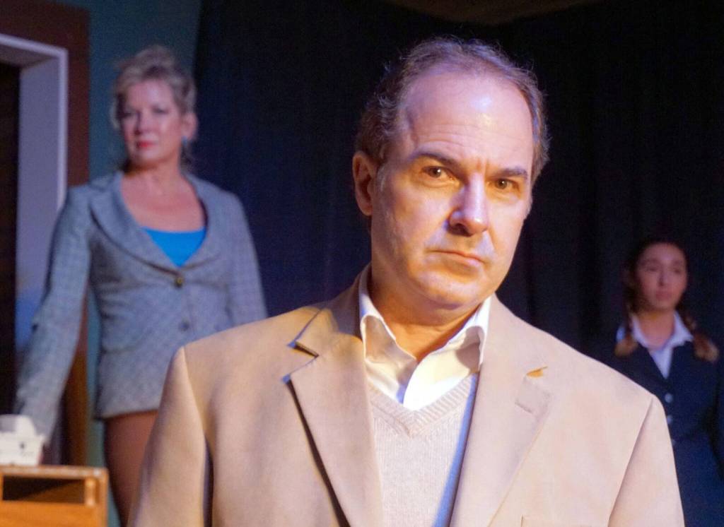 Jenifer Gillis-Refenbery, René Schuchter and Bella Branson create a scene from the Valley Center Stage production of Jakes Women, opening Feb. 2 in North Bend. (Courtesy Photo)