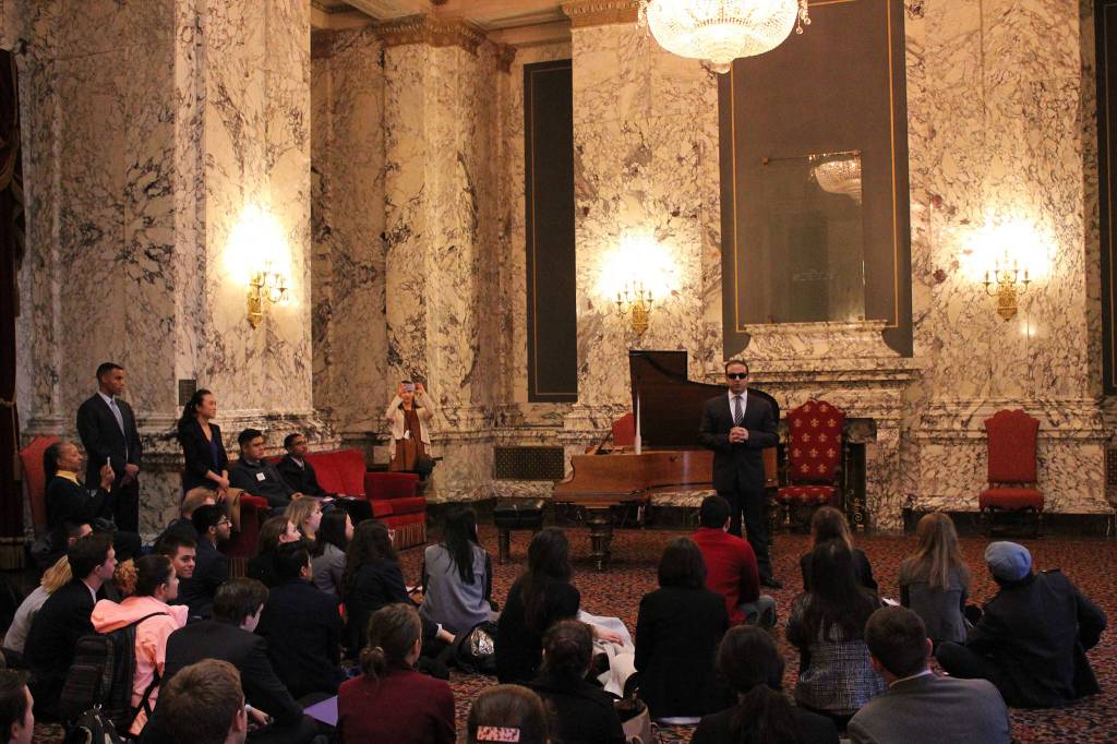 Lieutenant Governor Cyrus Habib speaks with the Associated Students of the University of Washington. As a blind Iranian, he faced challenges growing up and attending college. Never run away from the tough conversations, he told students. Photo by Taylor McAvoy
