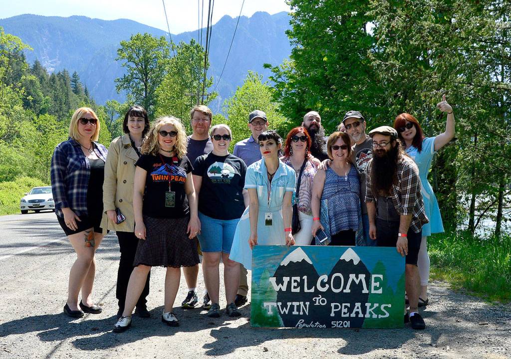 The Twin Peaks filming location tour group gathers for a picture during North Bends day of festivities leading up to the premiere of season 3 of the Twin Peaks television premiere. (Photo Courtesy of Mary Miller)