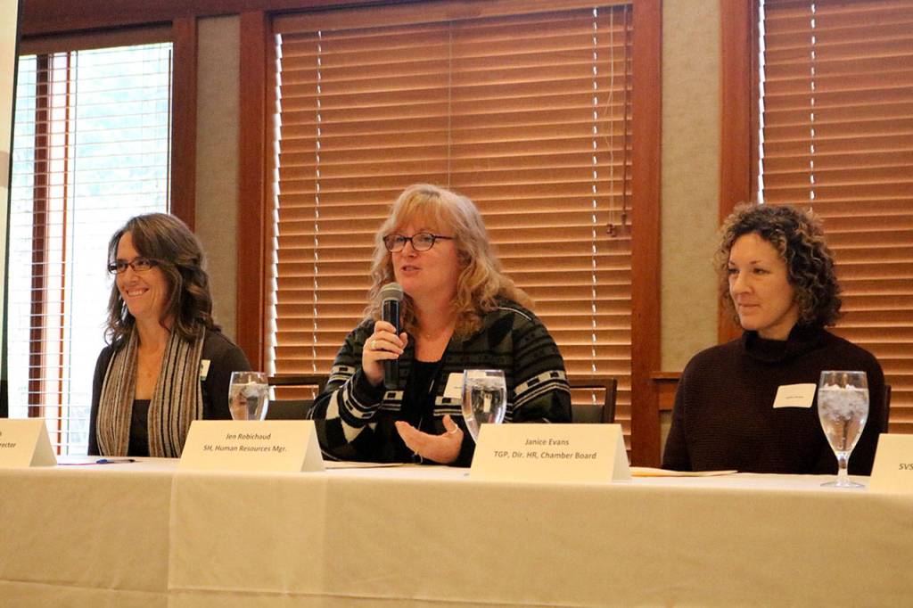 Jen Robichaud, human resources manager at Spacelabs Healthcare, speaks to the audience about the employee experience during the first Career Exploration Fridays. (Evan Pappas/Staff Photo)