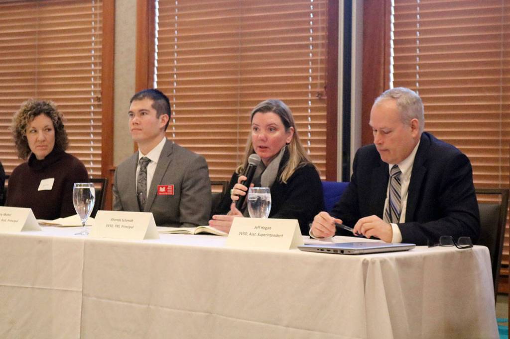 Rhonda Schmidt, principal of Two Rivers School, talks about the districts goals of promoting post-secondary planning and educating the students about the types of opportunities available. (Evan Pappas/Staff Photo)