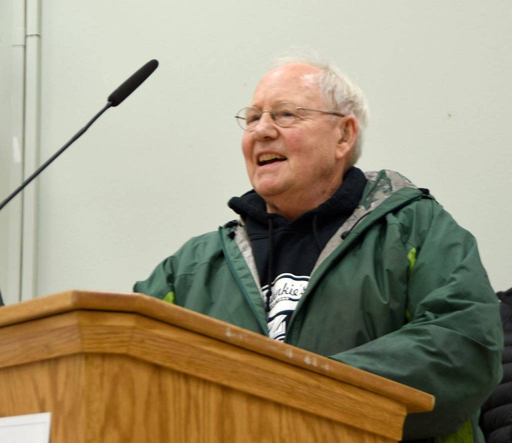 Laughing and almost speechless, Fritz Ribary thanks the city for the honor, and his family, friends, and community, for being there for him, in every way. (Carol Ladwig/Staff Photo)