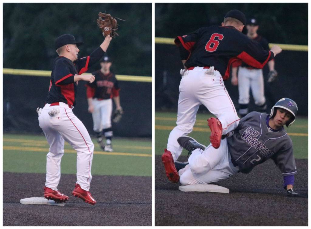 Mount Si shortstop Troy Baunsgard, left, tags out a Lake Washington Highs Jose Vizcarra at second base during a March 9 jamboree at Inglemoor High School. Andy Nystrom, staff photo                                Mount Si shortstop Troy Baunsgard, left, tags out a Lake Washington Highs Jose Vizcarra at second base during a March 9 jamboree at Inglemoor High School. Andy Nystrom, staff photo