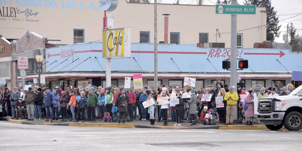 People lined the street in front of Twedes Cafe during the North Bend March for Our Lives. Courtesy photo