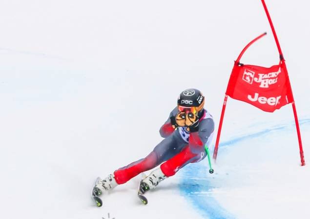 Nils Galloway rips up the slalom course at the Western Region event in Jackson Hole, Wyoming. Photo courtesy of the United States Ski and Snowboard Association