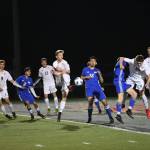 Mount Si Highs Jared Davies connects with the ball for his squads sixth goal during a 7-0 win over Bothell last Friday. Mateo DiDomenico delivered a corner kick and Davies scored on the first touch. Photo courtesy of Calder Productions