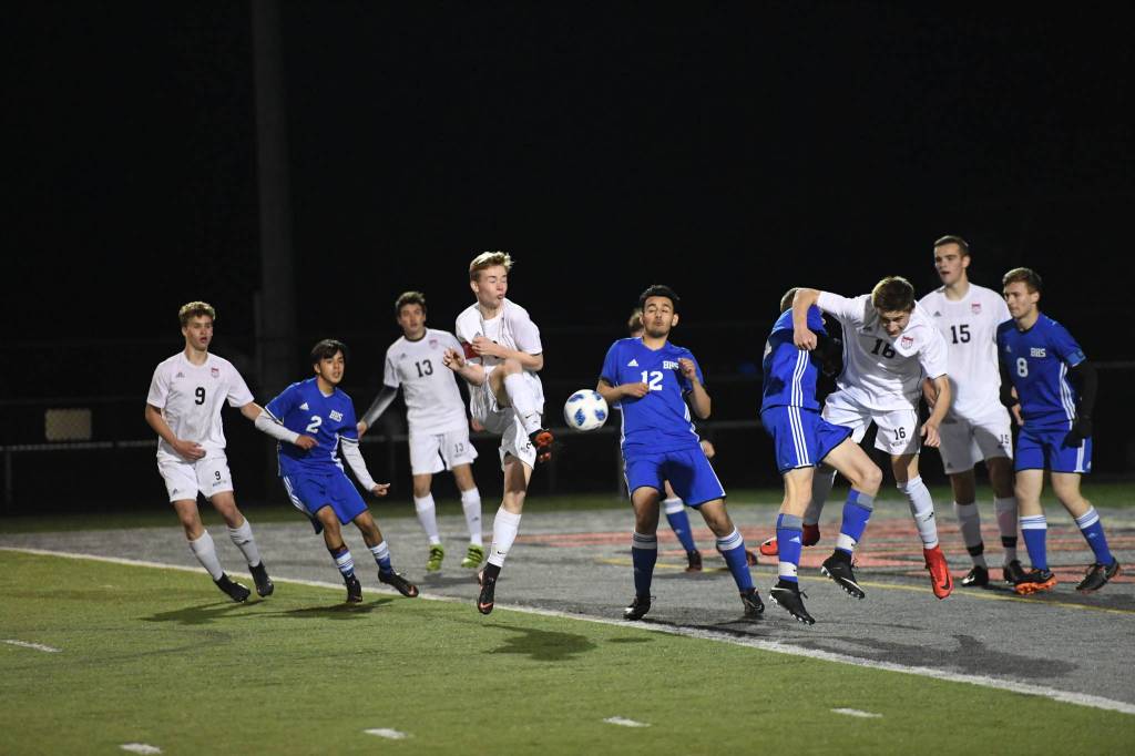 Mount Si Highs Jared Davies connects with the ball for his squads sixth goal during a 7-0 win over Bothell last Friday. Mateo DiDomenico delivered a corner kick and Davies scored on the first touch. Photo courtesy of Calder Productions