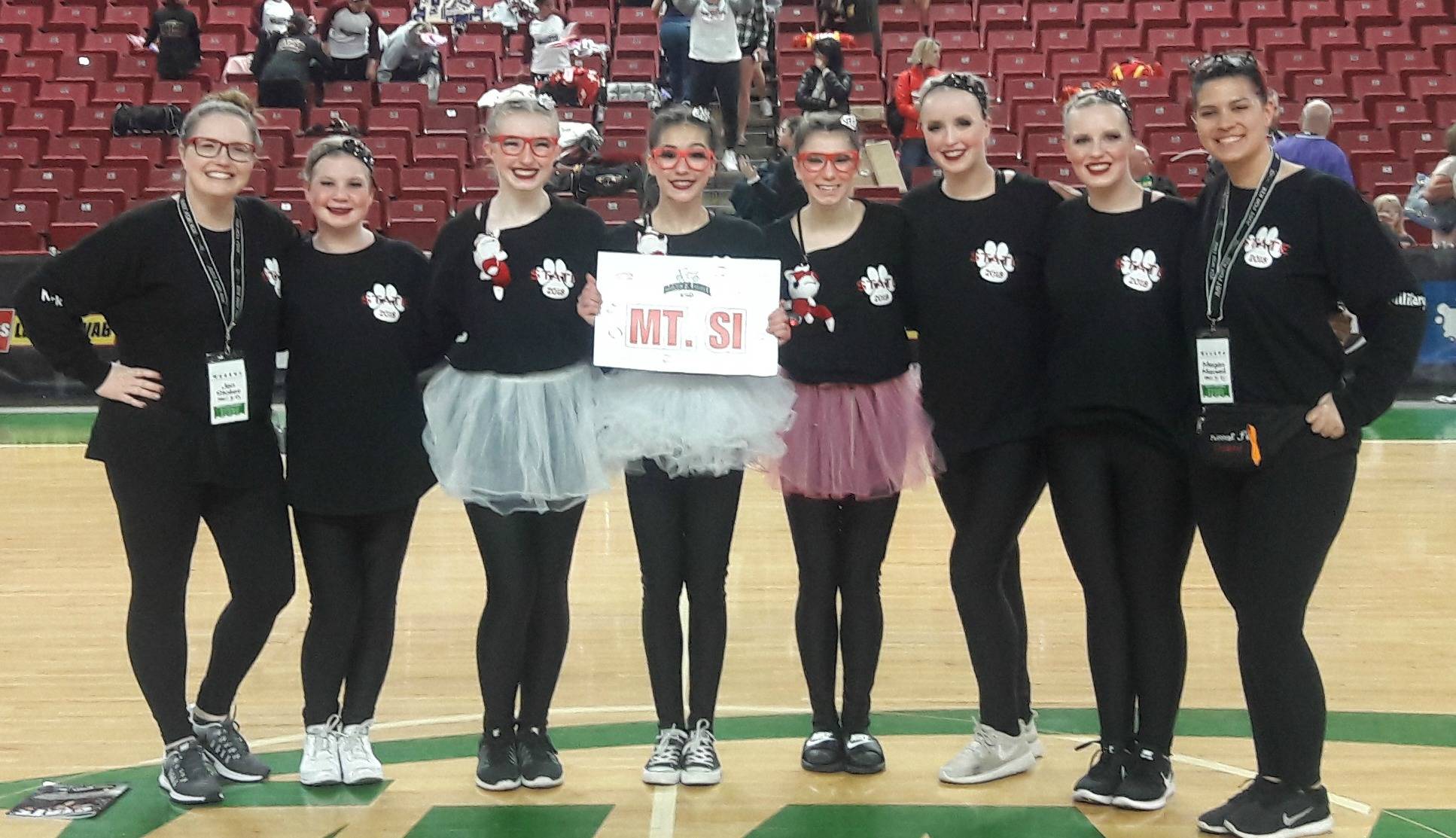 Mount Si Highs dance team at the state competition at the Yakima Sundome, from left to right: Head coach Jen Stokes, Kimby Blomquist, lieutenant Gracie Stokes, captain CJ Tse, captain Morgan Wadsworth, Clarissa Ricks, Camille Ostrem and coach Megan Maxwell. The team finished its third year by placing fifth at state in Military and third in their newest category, Kick, in which the girls took first in at districts. The team is going to nationals this year. There will be a tryout prep clinic from 3:30-5p.m. on April 25, and tryouts start April 30, continue May 2 and finish May 4 in the Freshman Campus Gym. Tryouts are open to current 8-11-graders and no dance experience is necessary. More tryout information can be found at www.mountsidanceteam.weebly.com. Photo courtesy of Mount Si High