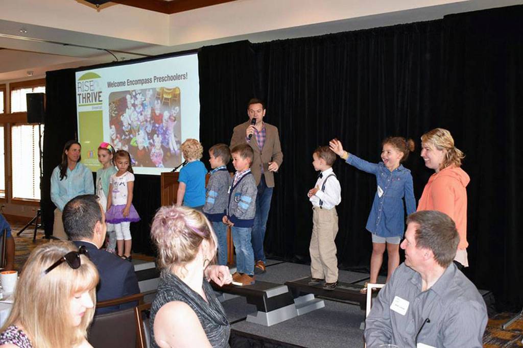 KING 5s Chris Cashman kicked things off at the 2018 Rise and Thrive Breakfast by interviewing pint-size guests from Encompass preschool classrooms. Photo courtesy of Encompass