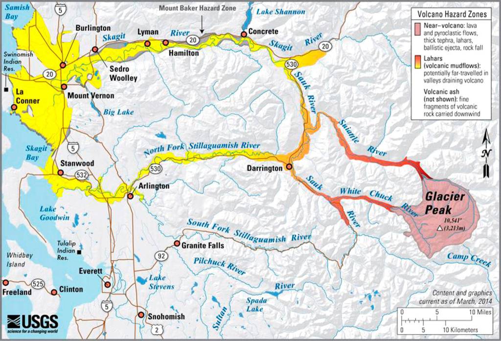 This map shows Glacier Peaks volcano hazard zones. (USGS)                                This map shows Glacier Peaks volcano hazard zones. (USGS)