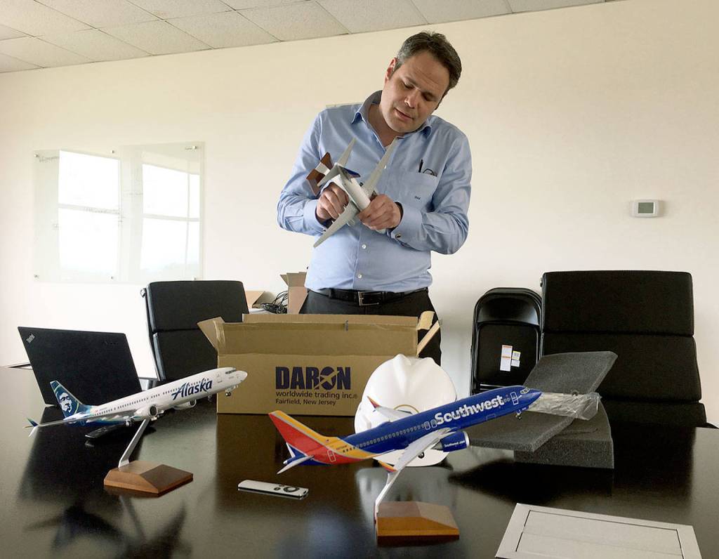 Brett Smith, CEO of Propeller Airports, at the companys Paine Field office in Everett. (Janice Podsada / The Herald)