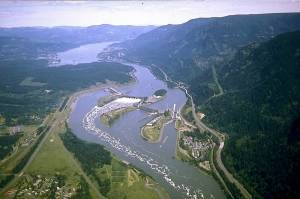 Aerial view of Columbia River and the Bonneville Dam. Courtesy of U.S. Army Corps of Engineers