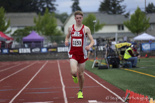 Mount Si Wildcats junior Joe Waskom earned first place in the 3200 with a formidable time of 8:57.66 at the Class 4A state track meet on May 26 at Mount Tahoma High School in Tacoma. Central Valley runner Ryan Kline finished in a distant second place with a time of 9:12.86. Photo courtesy of Don Borin/Stop Action Photography
