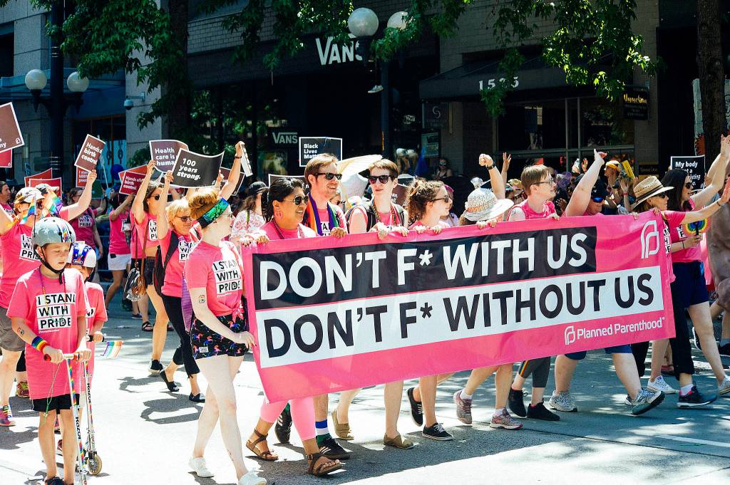Reproductive rights marchers during the 2017 Seattle Pride Parade. Photo by Bobby Arispe Jr./Flickr