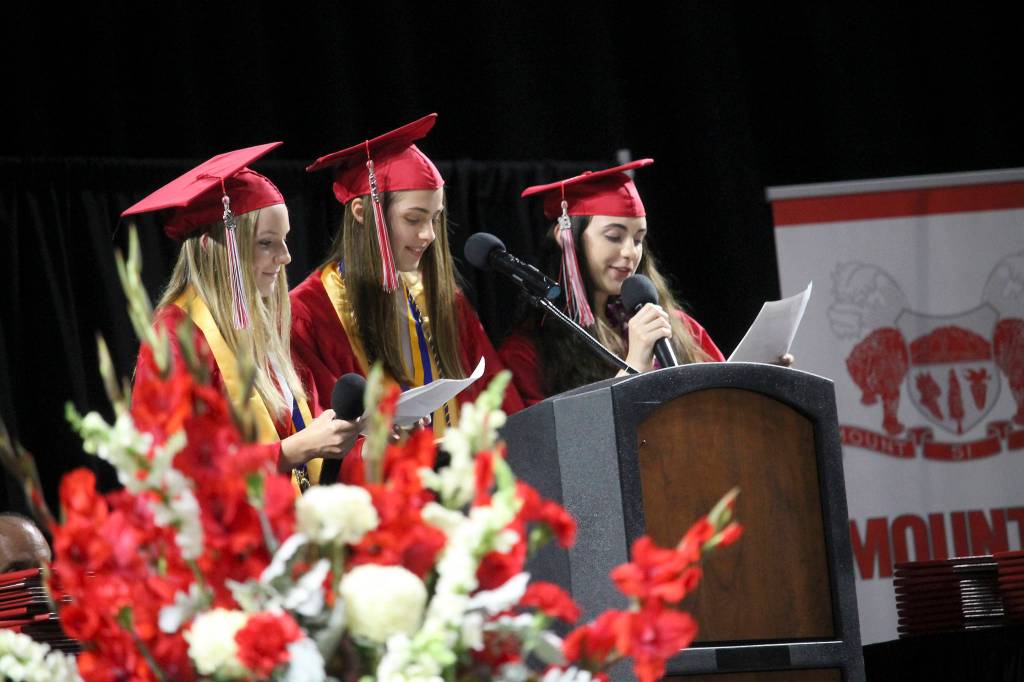 Three valedictorians, Christina Williams, Elizabeth Bourgault and Rachel Brucchieri speak at the Mount Si High School graduation ceremony. Photo courtesy of Mount Si High School