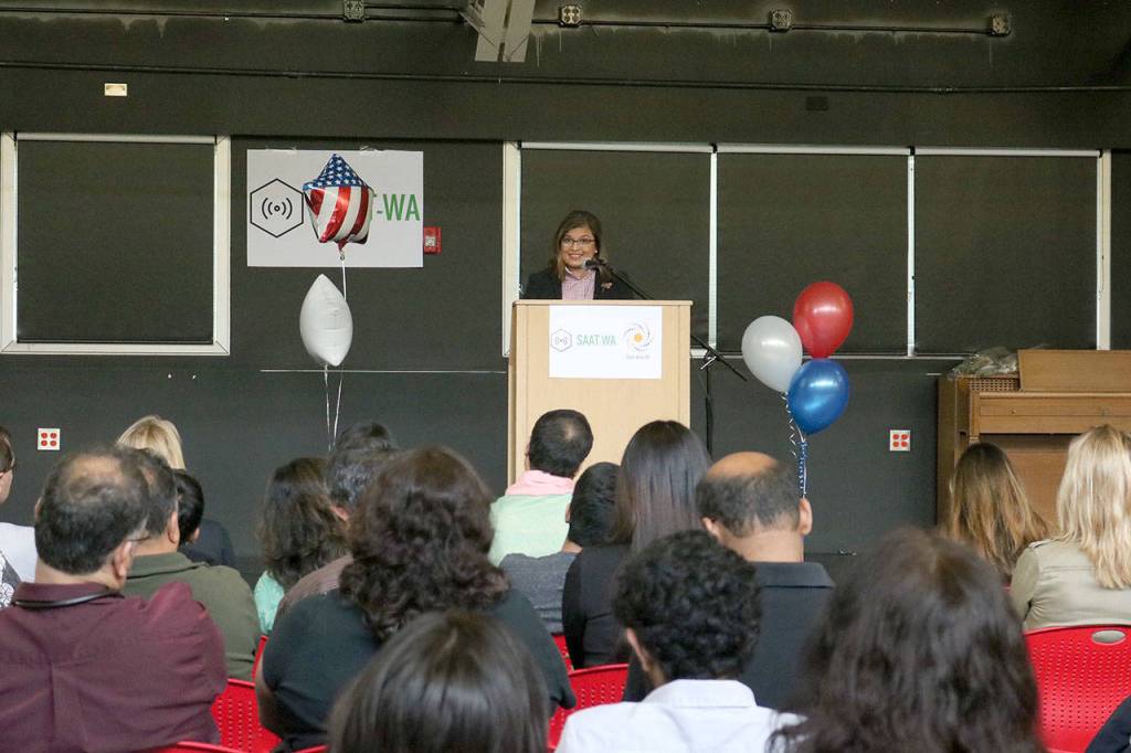 Vandana Slatter, a Washington State Representative with the 48th legislative district, spoke to people at Sundays launch event about the importance of staying politically involved as a community. Hanson Lee/staff photo.