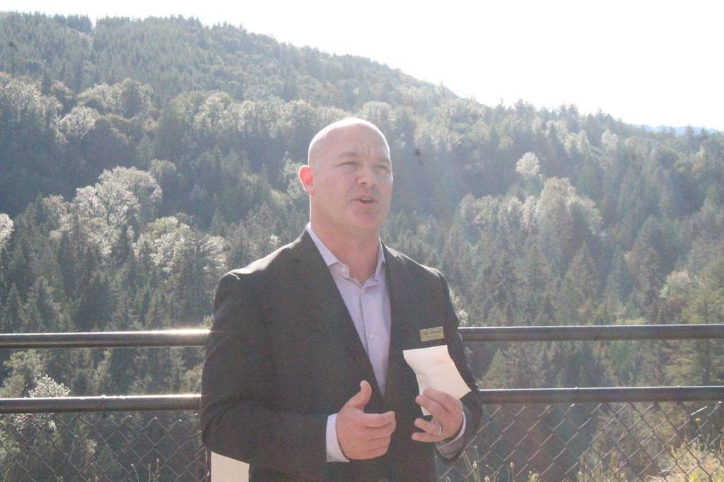 Salish Lodge and Spa director of operations Alan Stephens addresses those gathered at a grand opening ceremony on July 10. The lodge underwent the largest remodeling effort since 1988. Aaron Kunkler/Staff photo