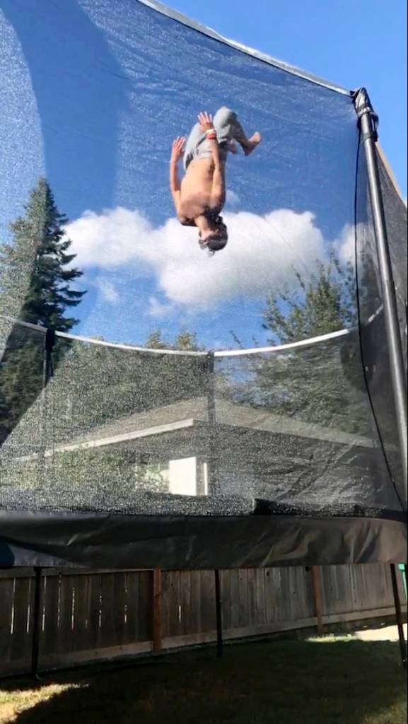 Rammy OKeeffe perfects one of his flips on the trampoline. Photo courtesy of Chatty OKeeffe