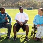 Hallstrom and Brown interviewing San Diego Chargers running back LaDainian Tomlinson (middle) in 2007. Tomlinson was the reigning MVP of the NFL that year. Courtesy of Thunder Sports Network.