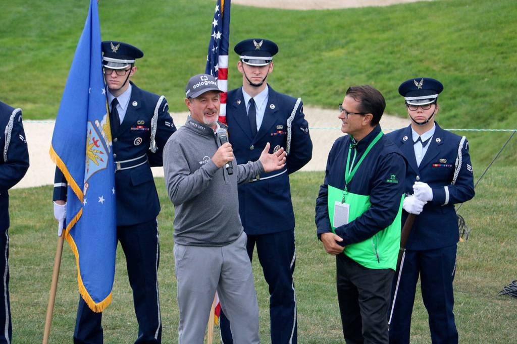 2017 Boeing Classic winner Jerry Kelly gives a speech during the opening ceremony of this years event. Evan Pappas/Staff Photo