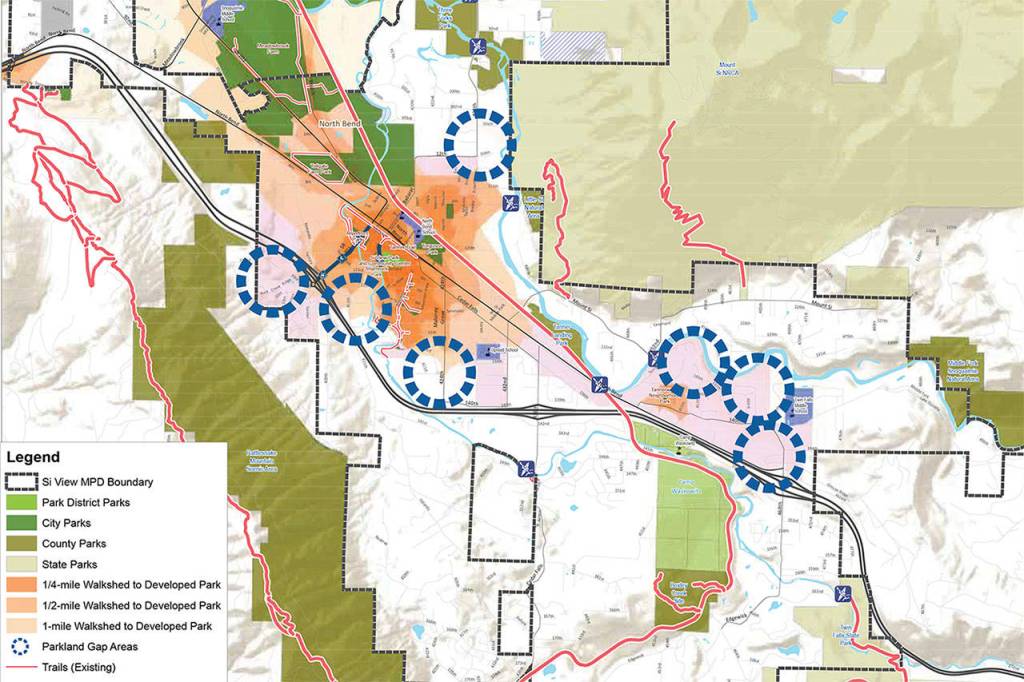 Some of the park land that is being looked at for possible acquisition is identified in a new map released by Si View Metro Parks. Courtesy Image
