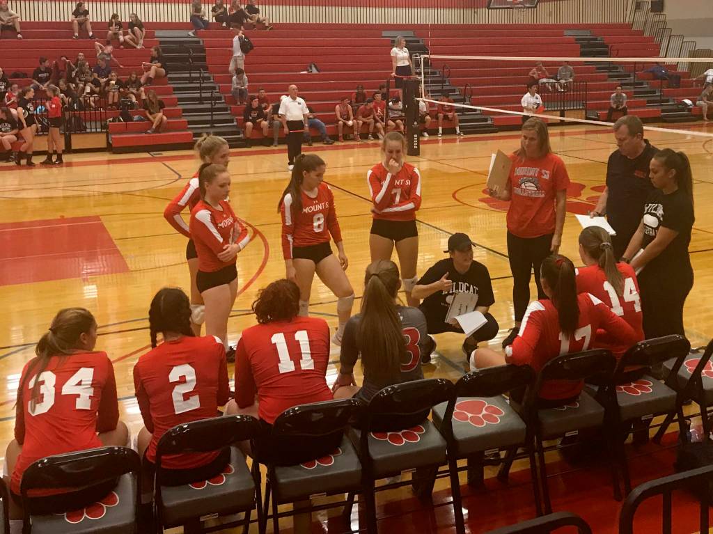 Mount Si Wildcats head coach Bonnie Foote instructs her team during a timeout in a matchup against the Bishop Blanchet Braves on Sept. 6 in Snoqualmie. Shaun Scott/staff photo