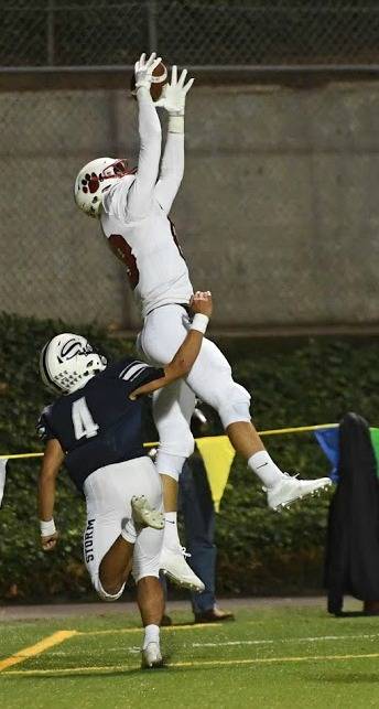 Mount Sis Jonny Barrett snags a 5-yard touchdown pass from Cale Millen during the Wildcats 52-28 win over Skyview on Sept. 14. Mount Si (3-0) has also defeated Wenatchee (52-0) and Kentwood (54-10) this season. The Wildcats will host Woodinville at 7 p.m. Friday. Courtesy of Calder Productions