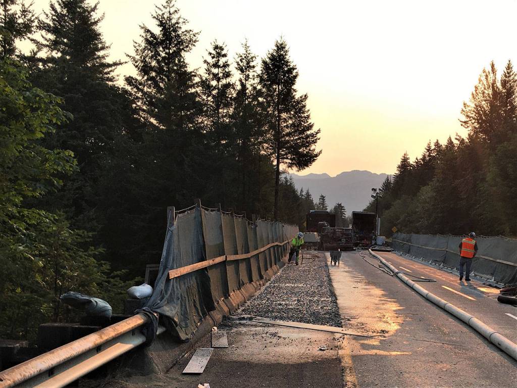 WSDOT contractor crews chipped away the high spots on the EB I-90 Winery Road Bridge after hydro-milling. Photo courtesy of the <a href="https://www.flickr.com/photos/wsdot/" target="_blank">WSDOT Flickr account </a>