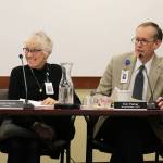 Board President Dariel Norris and Hospital CEO Tom Parker ask Gallagher questions about the history of Astria Health. (Evan Pappas/Staff Photo)