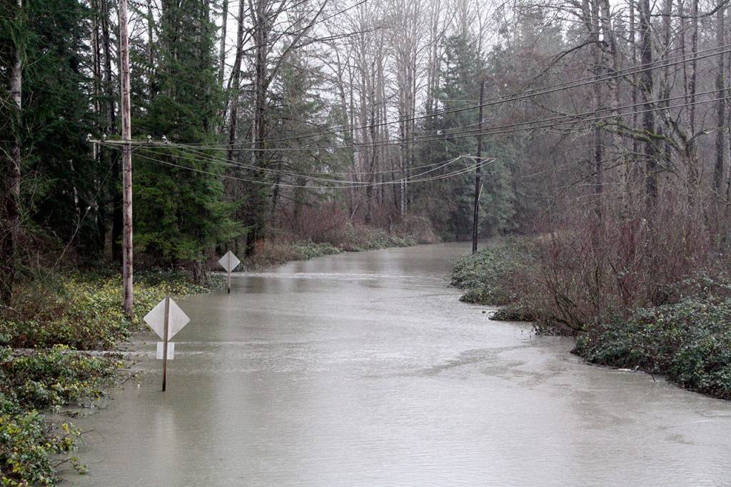 SE Mill Pond Road, Snoqualmie, completely submerged during the 2016 flood. Evan Pappas/Staff Photo
