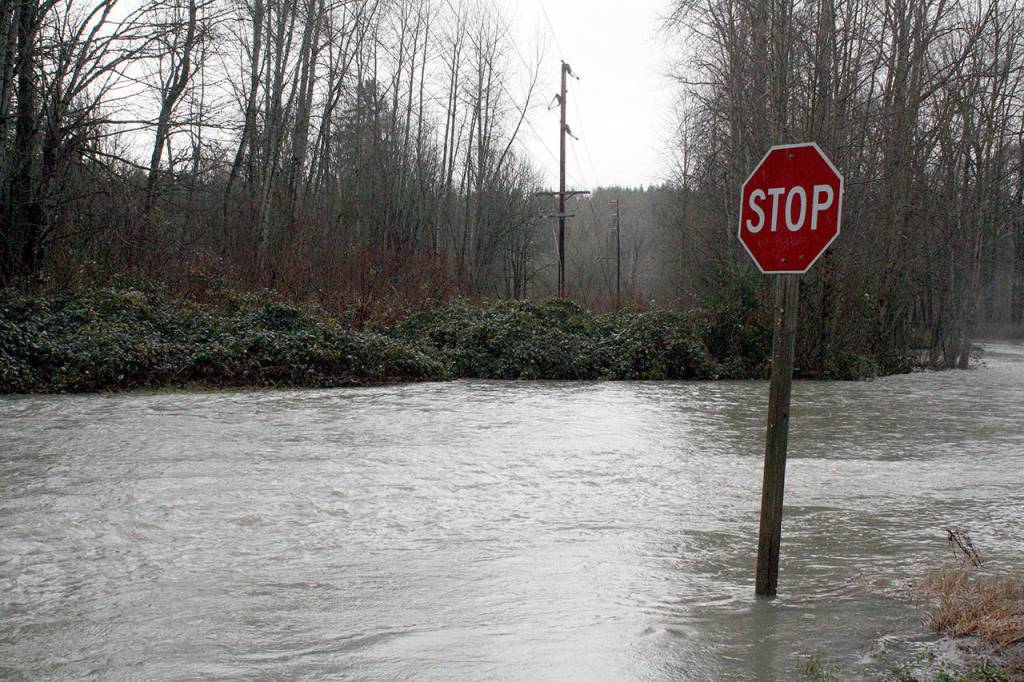 A lone stop sign rises above the water on SE Reinig Road, Snoqualmie, during the 2016 flood. Evan Pappas/Staff Photo