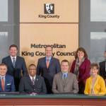 King County Council, from left to right: Jeanne Kohl-Welles, Pete von Reichbauer, Reagan Dunn, Larry Gossett, Dave Upthegrove, Council Chair Joe McDermott, Council Vice Chair Claudia Balducci, Council Vice Chair Kathy Lambert, and Rod Dembowski. Photo courtesy of King County