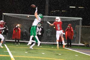 A Woodinville defensive back knocks down a pass intended for Mount Si junior wide receiver Colby Botten in the 4A KingCo championship game on Oct. 25. Woodinville defeated Mount Si 16-14. Photo courtesy of Calder Productions