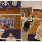 Mount Si High volleyballers Megan Underbrink and Hayley West (left) and Bailey Showalter (right) compete against Eastlake High during the 4A KingCo tournament on Oct. 25 at North Creek High. Eastlake won, 3-0. Mount Si beat Redmond, 3-1, and lost to Skyline, 0-3, on Saturday. They will play Bothell at 5:30 p.m. Oct. 30 for the fifth- and sixth-place spots to district. Staff photos by Andy Nystrom