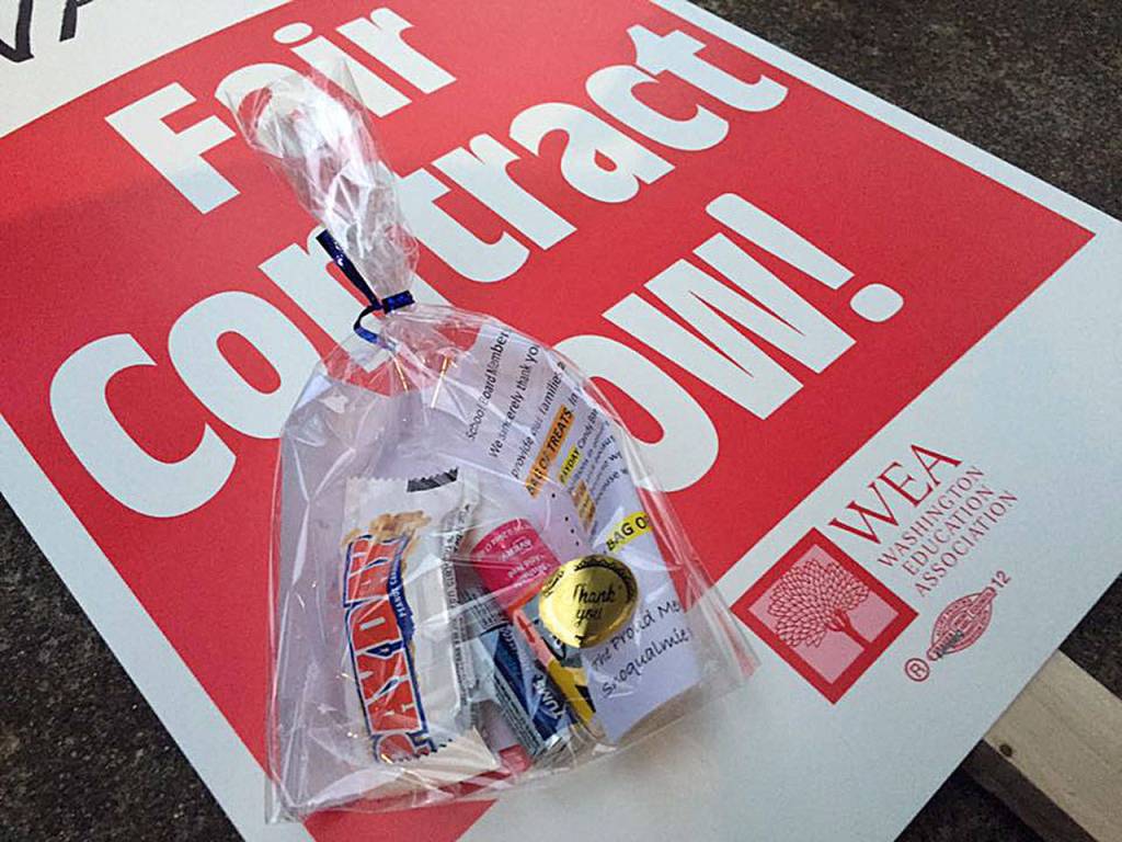SVASA delivered a bag of treats to the school board members Oct. 23, saying It is clear that saying we value our people is not the same as proving we value our people. Photo courtesy of Snoqualmie Valley Education AssociationSVEA Facebook page.