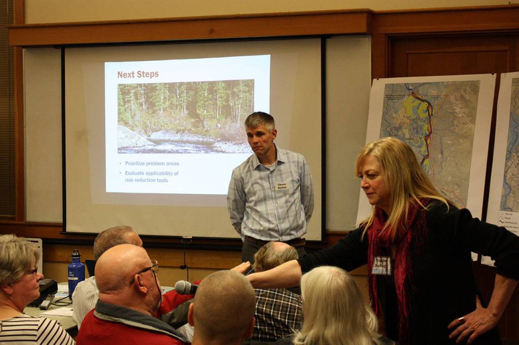 King County Flood Control District Snoqualmie Basin Supervisor Engineer Chase Barton fields questions and input from residents during a meeting at the North Bend Library on Oct. 30. The Flood Control District is putting together a draft investments plan which will be done by next spring. Aaron Kunkler/staff photo