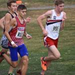 Mount Si High senior Joe Waskom, right, runs to first at the 4A state cross country meet in Pasco on Saturday. Courtesy photo