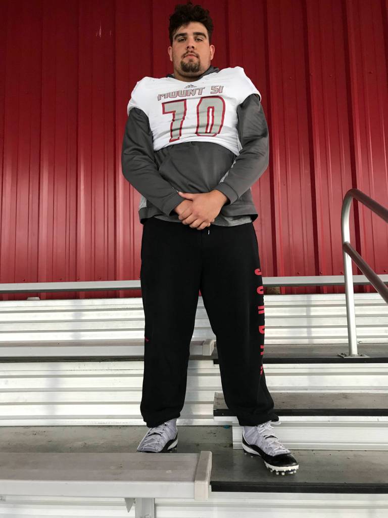 Mount Si Wildcats senior defensive lineman RJ Bell, who has been on the varsity roster since the second half of his freshman season in the fall of 2015. Bell, who weighs 285 pounds, is the largest defensive lineman on the Wildcats roster. Shaun Scott/staff photo