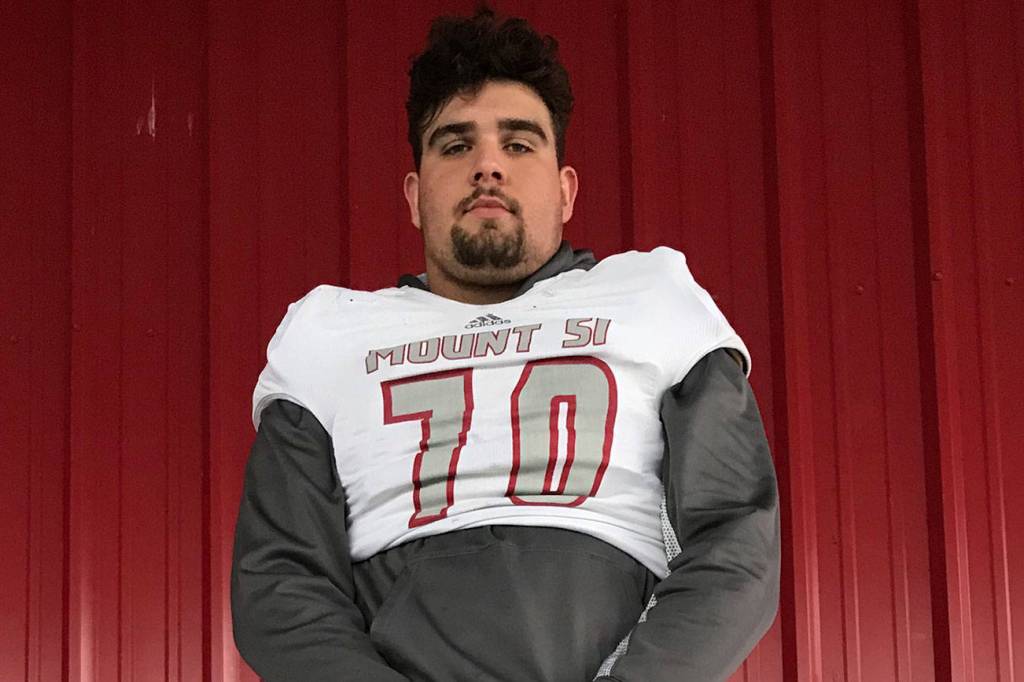 Mount Si Wildcats senior defensive lineman RJ Bell, who has been on the varsity roster since the second half of his freshman season in the fall of 2015. Bell, who weighs 285 pounds, is the largest defensive lineman on the Wildcats roster. Shaun Scott/staff photo