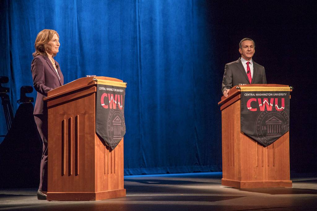 Kim Schrier and Dino Rossi met at their first and only debate at Central Washington University where they clashed over health care, gun safety, taxes, and more. Photo courtesy of David Dick, CWU