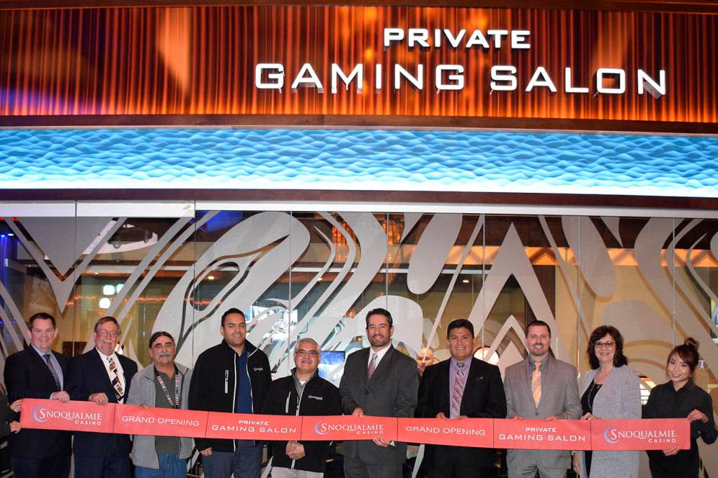 From left, Aaron Carpenter – I-5 Designs, Harold Ellebracht, Snoqualmie Tribe Council Member Daniel Willoughby, Snoqualmie Tribe Vice Chairman Michael Ross, Snoqualmie Tribe Chairman Robert de los Angeles, Snoqualmie Casino CEO Brian Decorah, Ron Enick, Chris Cummings, Linda Smith and Kasama Chantanee. Photo courtesy of Maria Kosanke