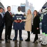 Snoqualmie Casino and the Seattle Seahawks officially form advertising partnership. From left: Casino Chief Marketing Officer Stanford Le, Casino CEO Brian Decorah, former Seahawks player Randall Morris, Seahawks Senior VP of Revenue Amy Sprangers, and Director of Sales and Corporate Partnerships Gina Martinez Todd. Courtesy Photo